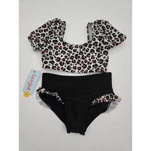 Cat & Jack Girls Leopard Print 2 Piece Swimsuit Puff Sleeve High Waist XS 4-5